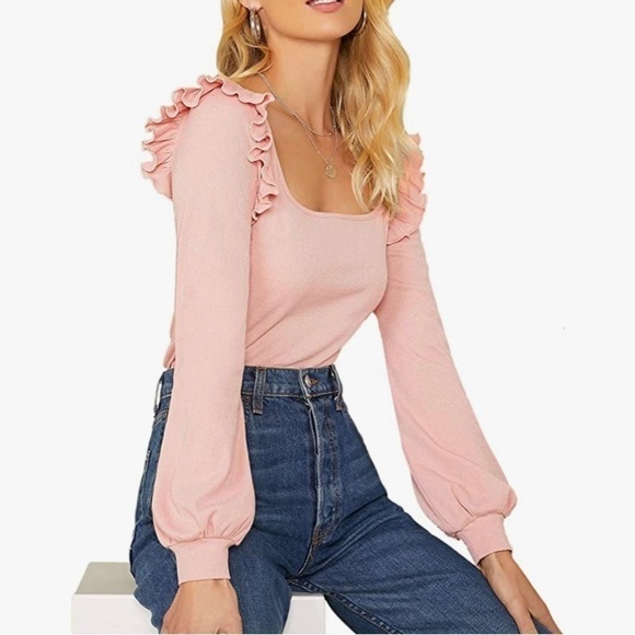 𝅺𝅺⭐️2 FOR $20⭐️ Ruffle Trim Square Neck Pink Long Sleeve Top. SM/M - Picture 4 of 12